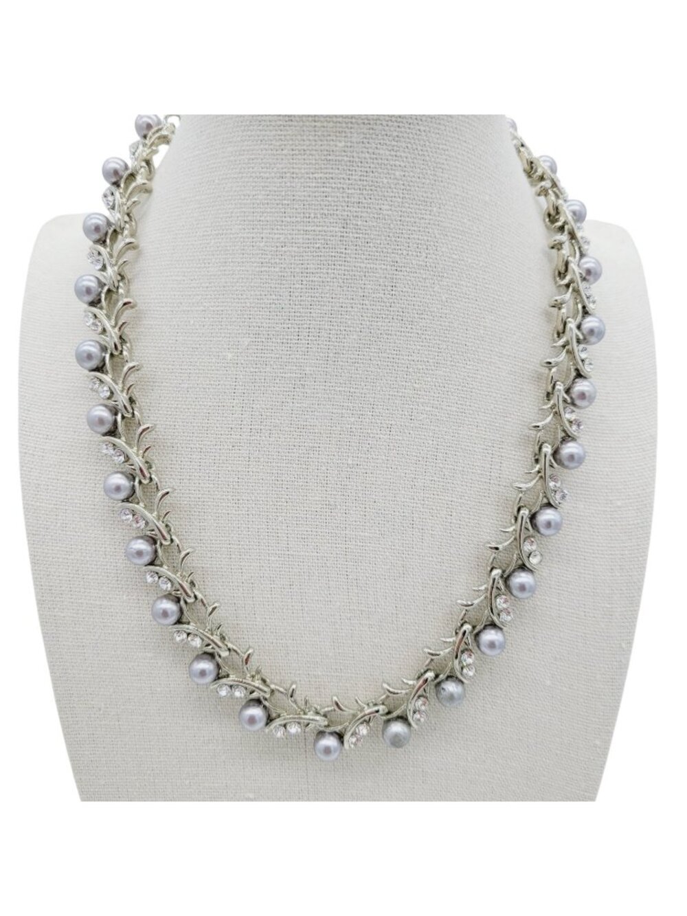 Nogu Faux Gray Pearls & Rhinestones On Branches Necklace Silver Tone Bridal